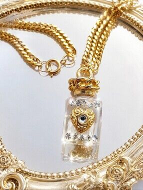 Perfume Bottle Clear Acrylic Rhinestone Heart Necklace Ice Cube Shape Vintage